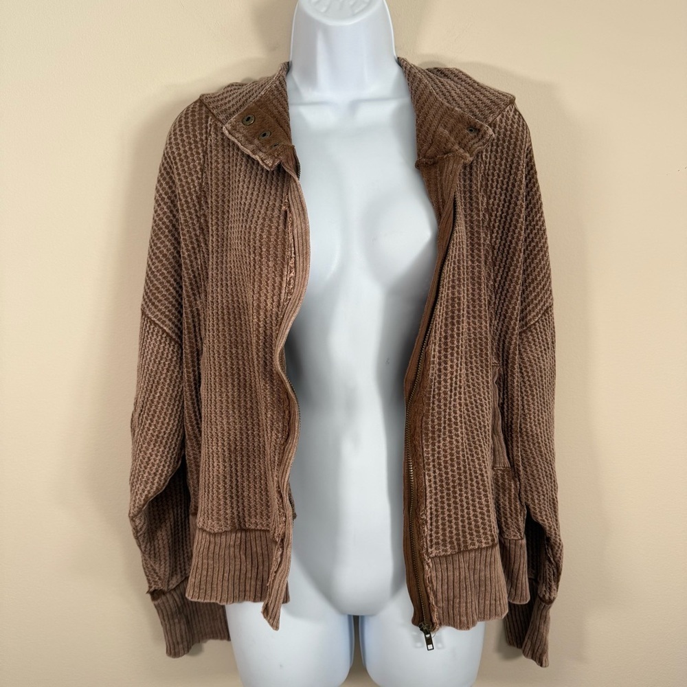 Zenana Women’s Zip Hoodie Sweatshirt Acid Mineral Wash Beige Waffle Texture L - Picture 8 of 10